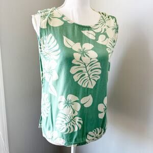 Makai Beach Hawaii Tropical Floral Tank Top Green Hawaiian Blouse L